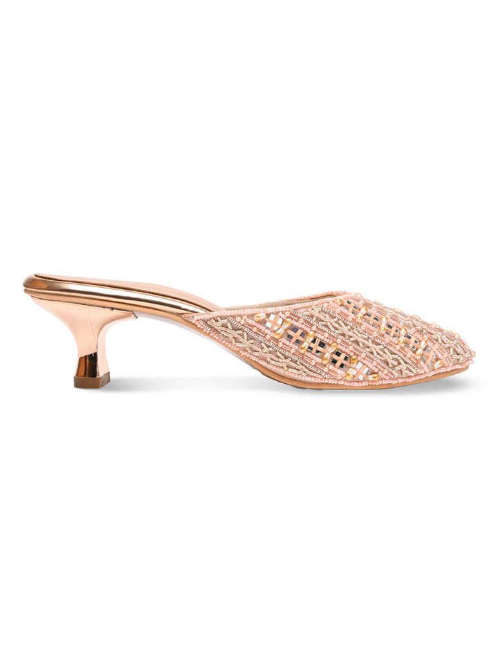 Rocia By Regal Rose Gold Women Embroidered Kitten Heel Mules
