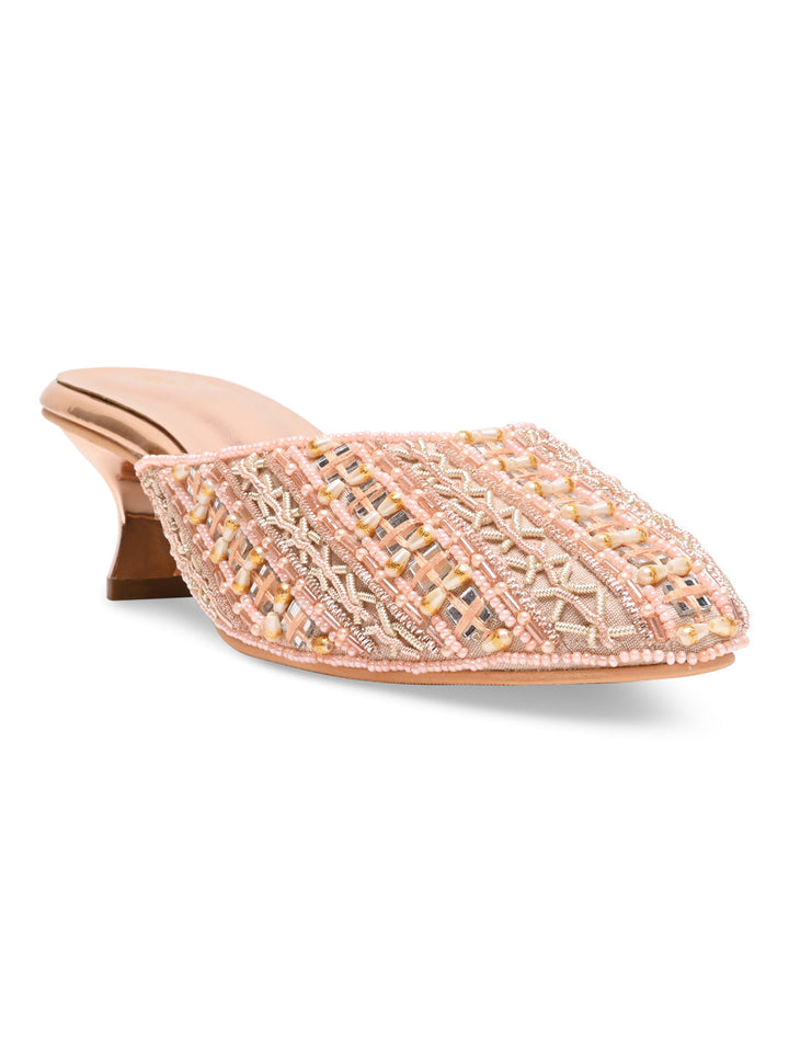 Rocia By Regal Rose Gold Women Embroidered Kitten Heel Mules