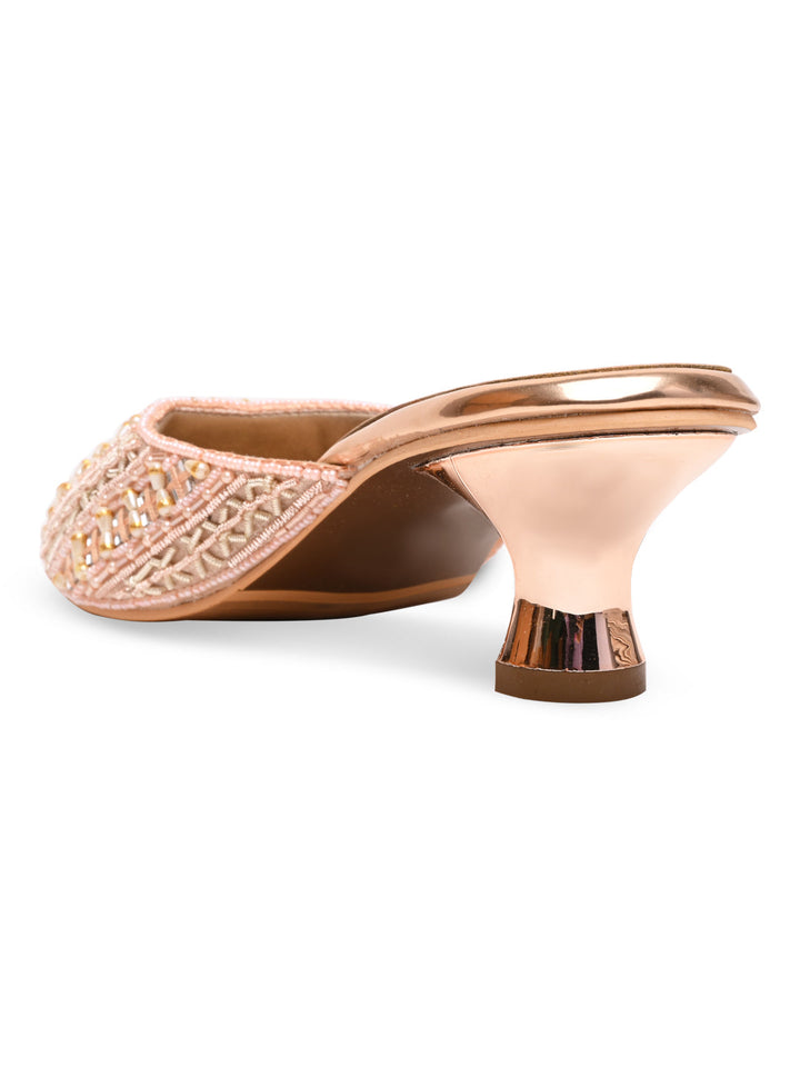 Rocia By Regal Rose Gold Women Embroidered Kitten Heel Mules