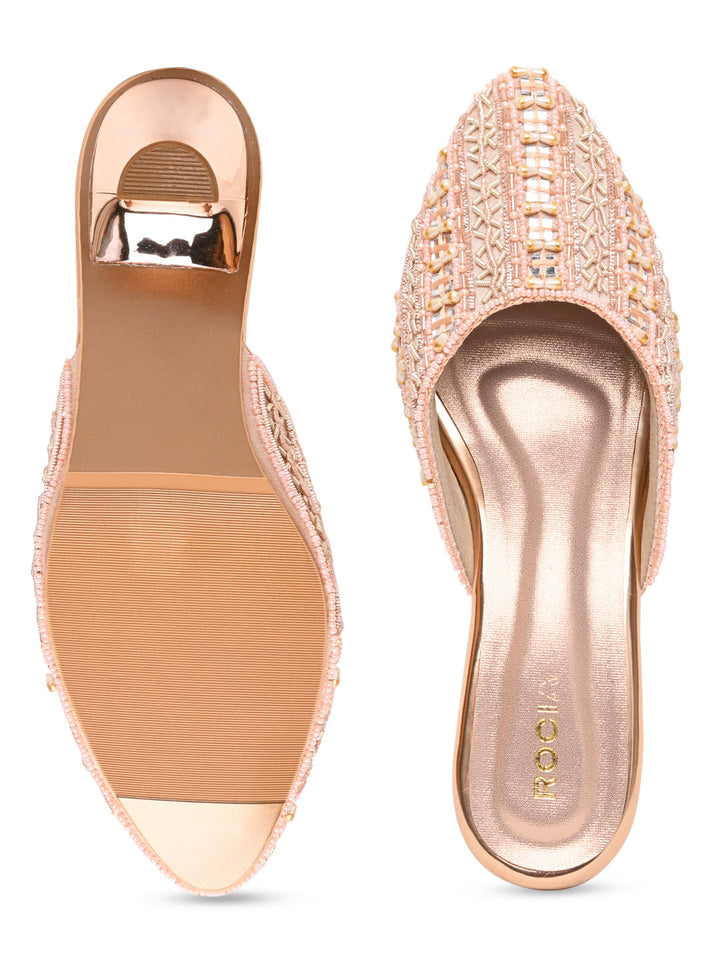 Rocia By Regal Rose Gold Women Embroidered Kitten Heel Mules