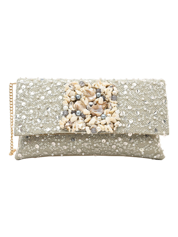 Rocia By Regal Silver Women Heavy Embellished Clutch