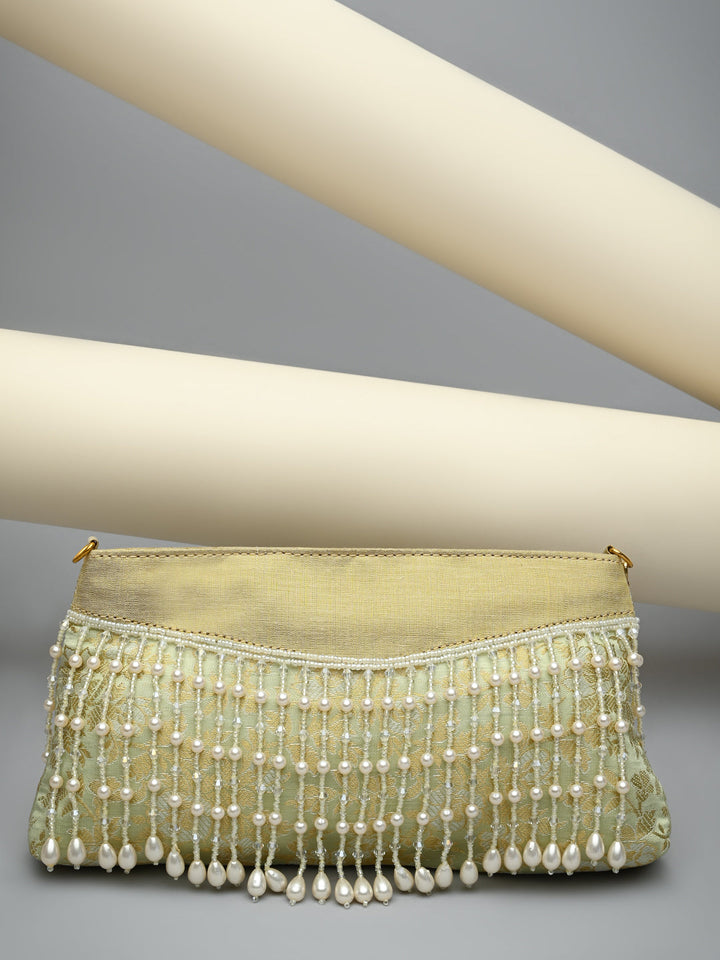 Rocia By Regal Mint Women Pearl Embellished Brocade Clutch