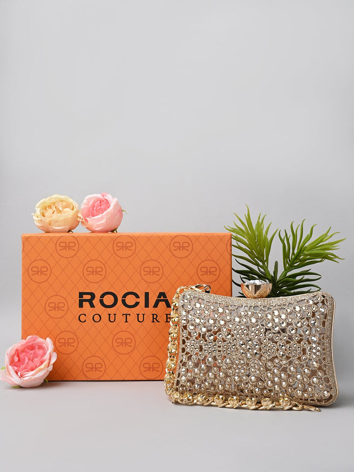 Rocia By Regal Gold Women Diamond Encrusted Metal Clutch