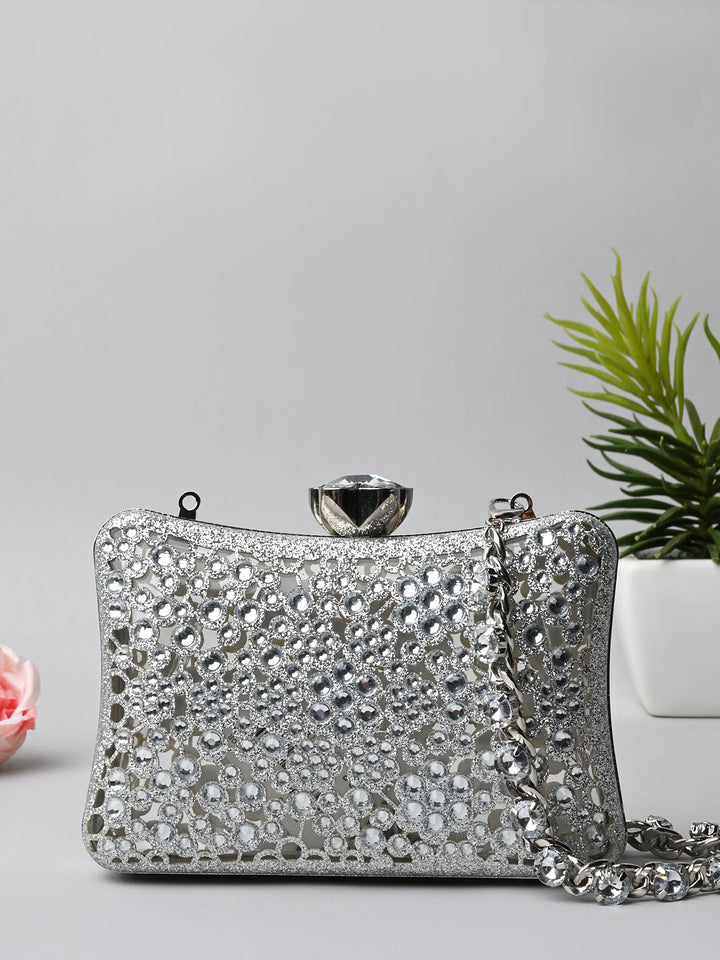 Rocia By Regal Silver Women Diamond Encrusted Metal Clutch