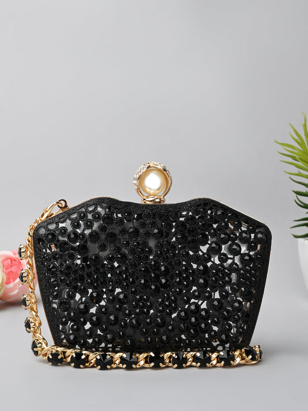Rocia By Regal Black Women Diamond Encrusted Metal Clutch