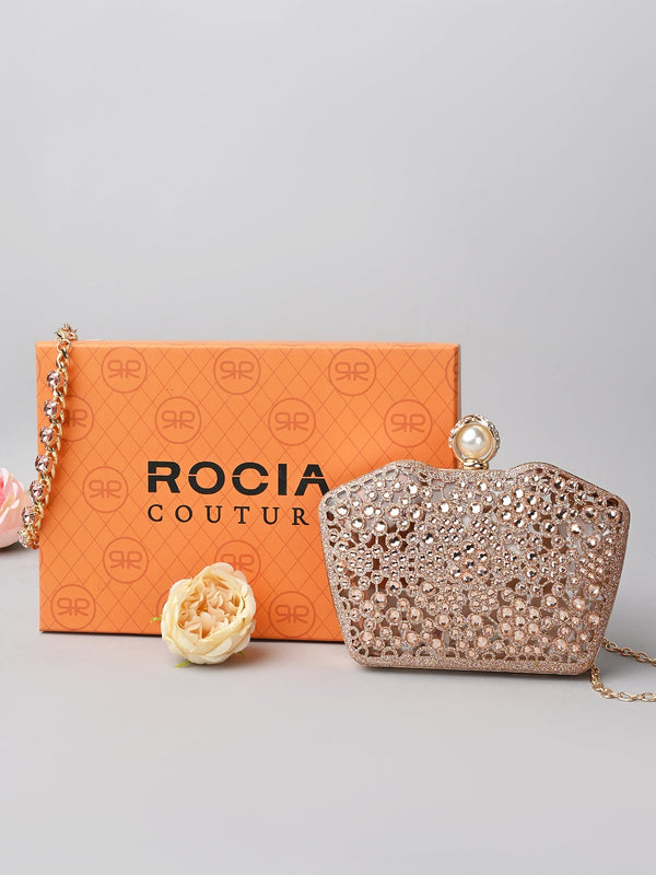 Rocia By Regal Champagne Women Diamond Encrusted Metal Clutch