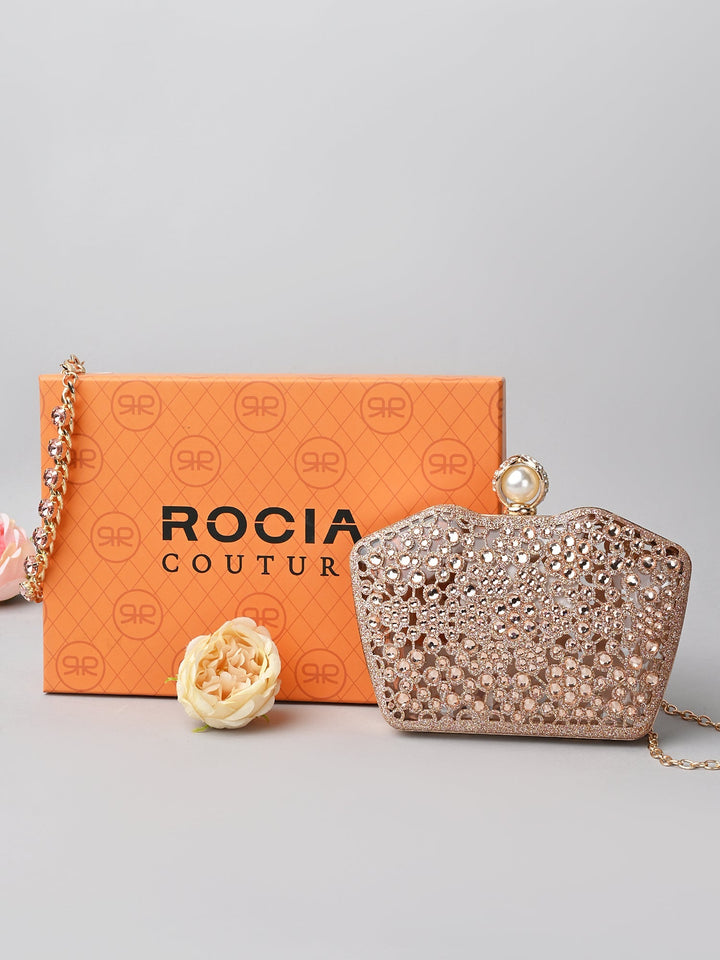 Rocia By Regal Champagne Women Diamond Encrusted Metal Clutch