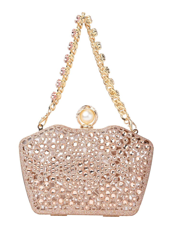 Rocia By Regal Champagne Women Diamond Encrusted Metal Clutch
