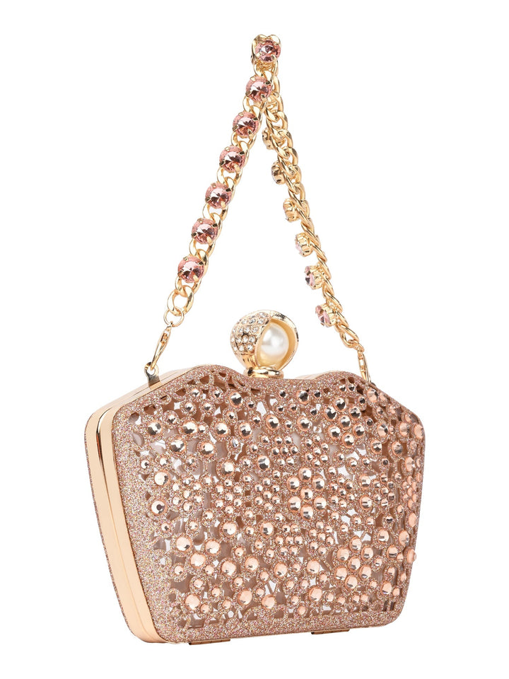 Rocia By Regal Champagne Women Diamond Encrusted Metal Clutch