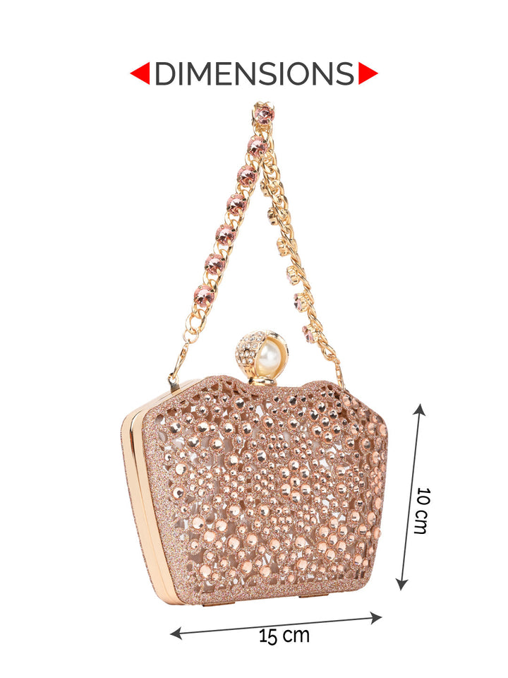 Rocia By Regal Champagne Women Diamond Encrusted Metal Clutch