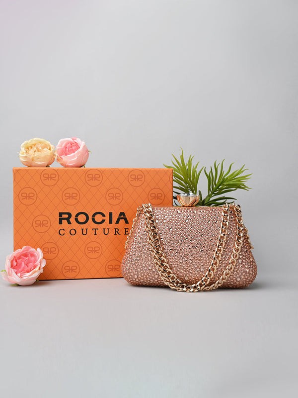 Rocia By Regal Champagne Women Diamond Studded Metal Clutch