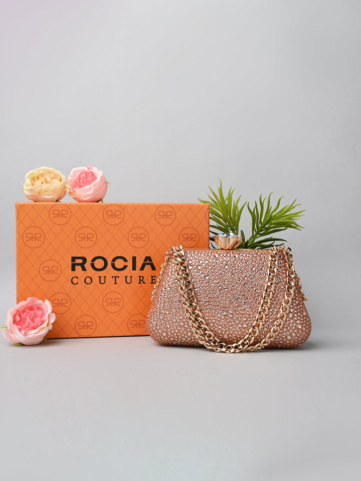 Rocia By Regal Champagne Women Diamond Studded Metal Clutch