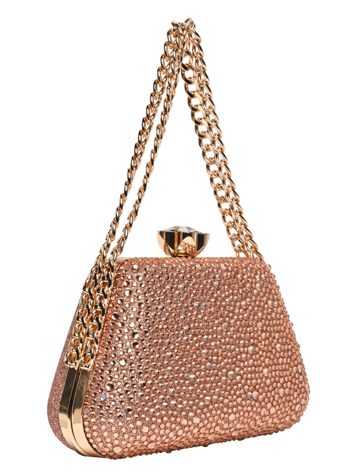 Rocia By Regal Champagne Women Diamond Studded Metal Clutch