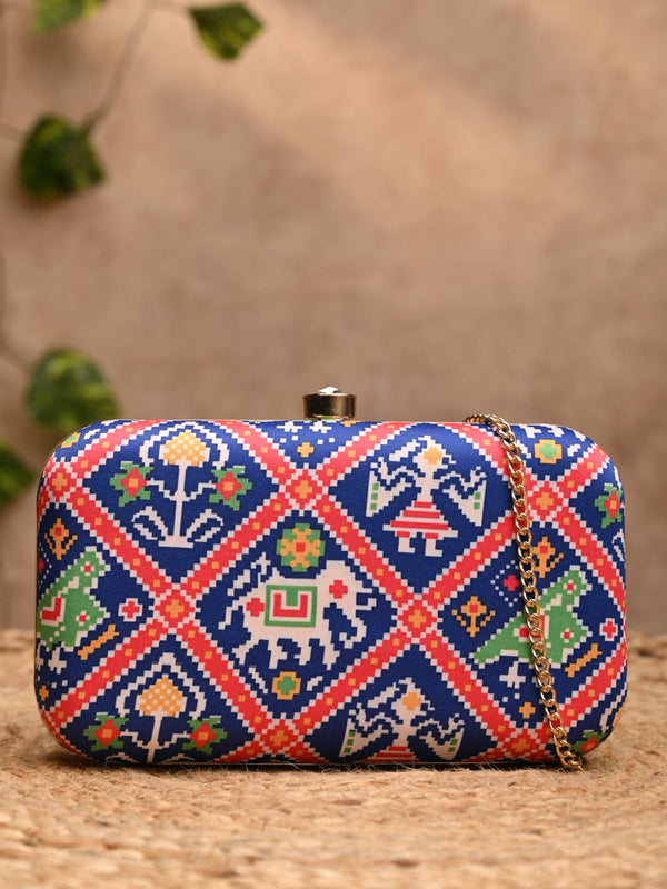 Rocia By Regal Blue Women Silk Patola Print Metal Clutch