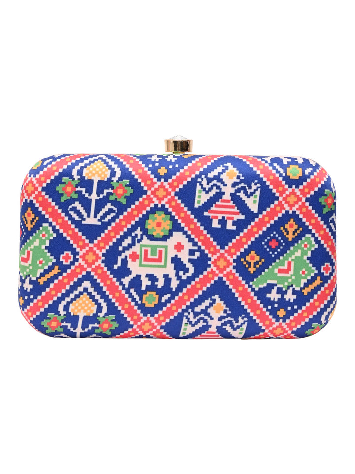Rocia By Regal Blue Women Silk Patola Print Metal Clutch