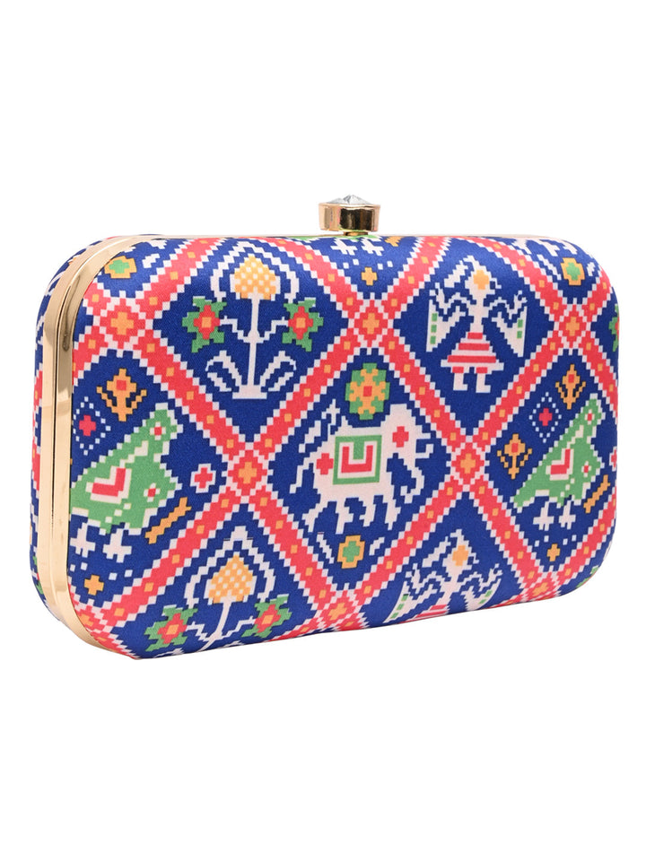 Rocia By Regal Blue Women Silk Patola Print Metal Clutch