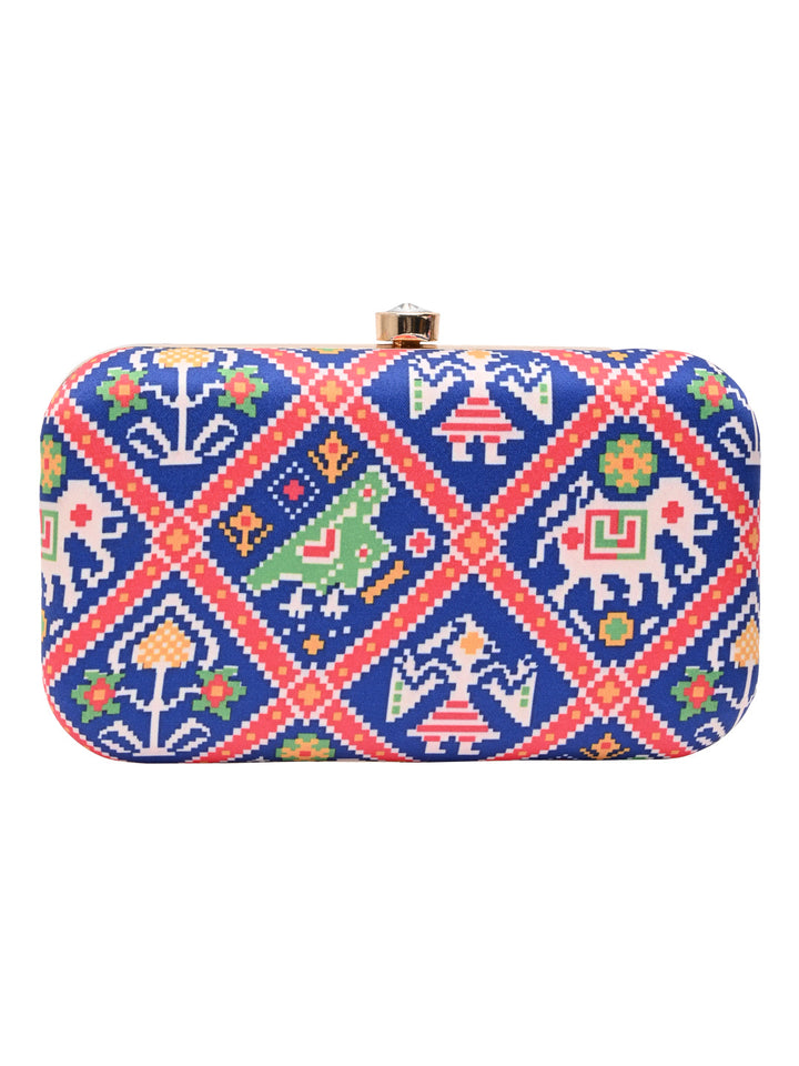 Rocia By Regal Blue Women Silk Patola Print Metal Clutch