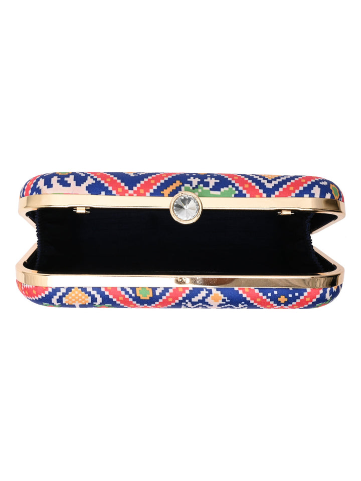 Rocia By Regal Blue Women Silk Patola Print Metal Clutch