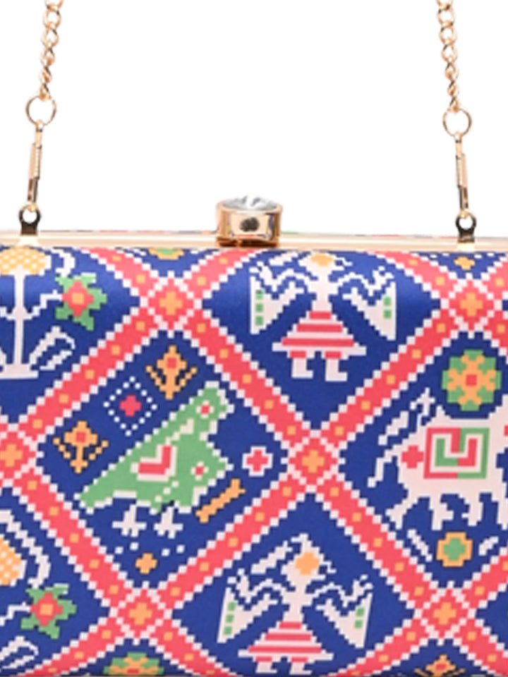 Rocia By Regal Blue Women Silk Patola Print Metal Clutch