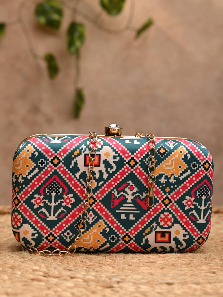 Rocia By Regal Green Women Silk Patola Print Metal Clutch