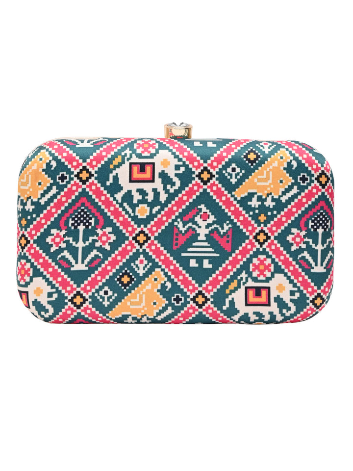 Rocia By Regal Green Women Silk Patola Print Metal Clutch