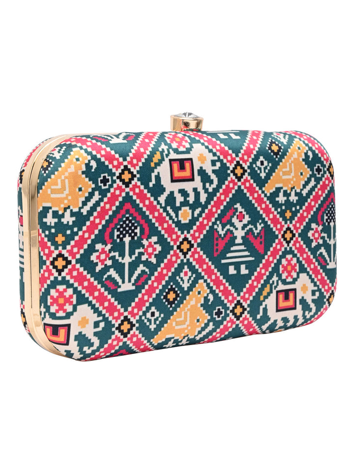 Rocia By Regal Green Women Silk Patola Print Metal Clutch