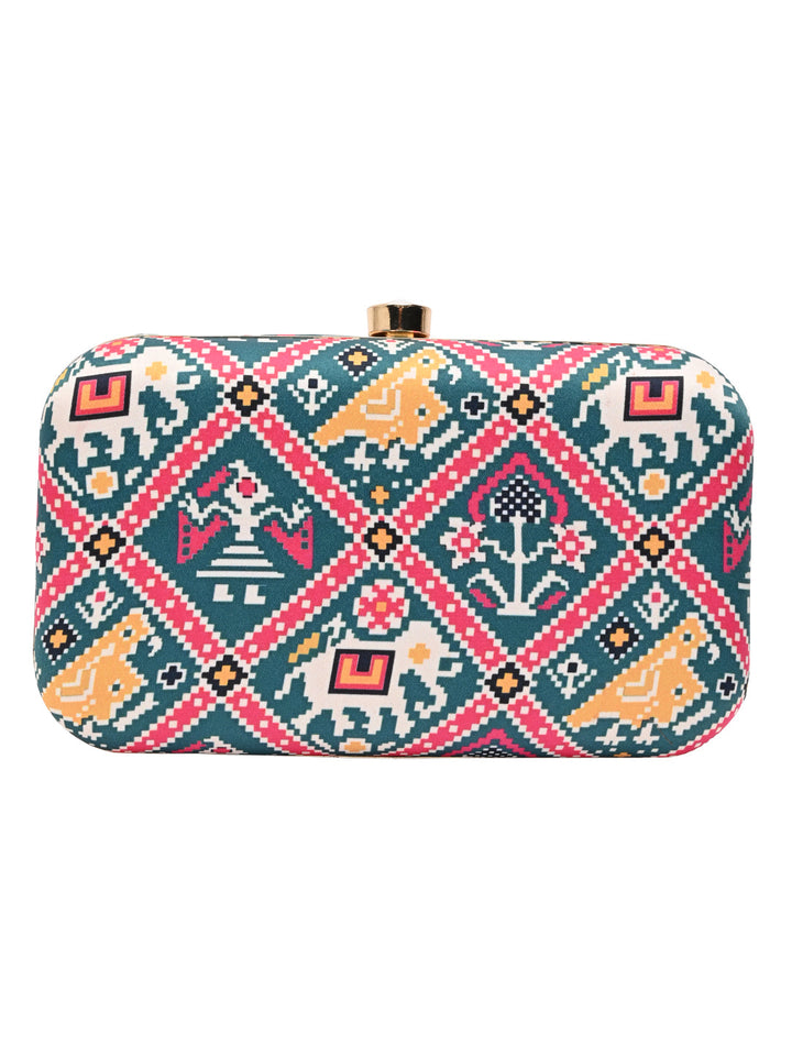 Rocia By Regal Green Women Silk Patola Print Metal Clutch