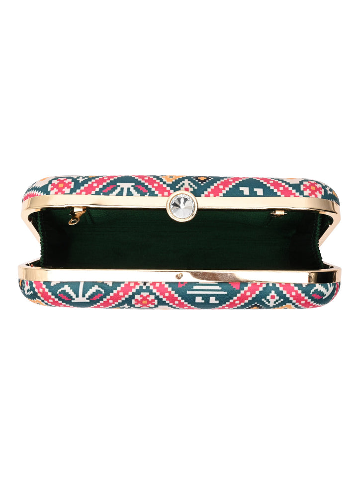 Rocia By Regal Green Women Silk Patola Print Metal Clutch