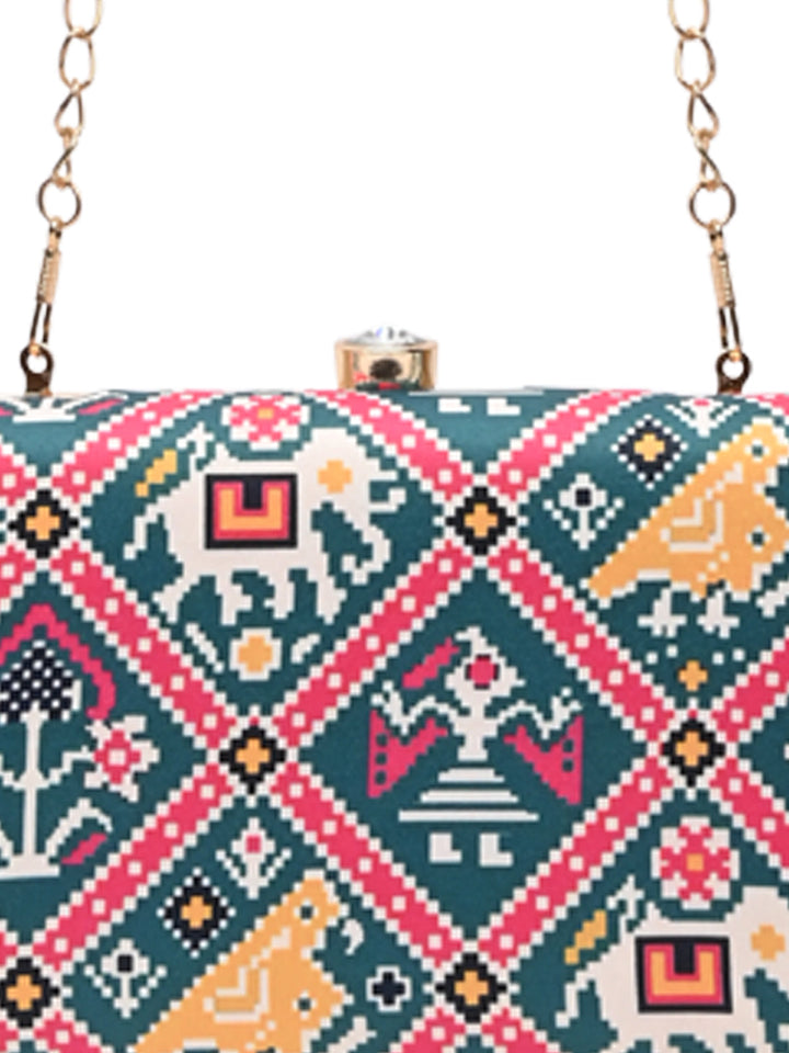 Rocia By Regal Green Women Silk Patola Print Metal Clutch