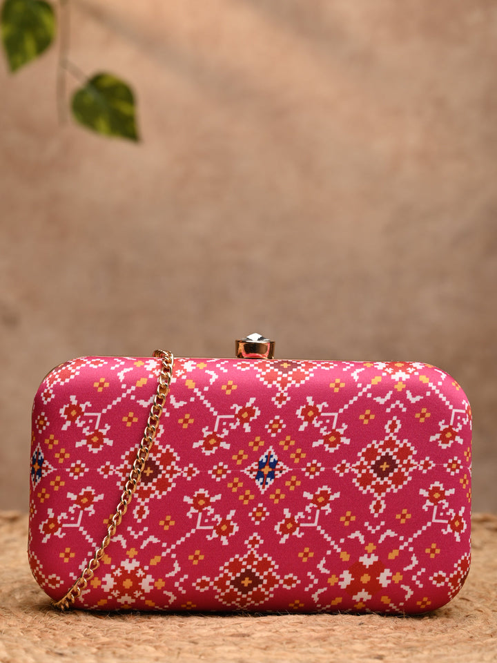 Rocia By Regal Pink Women Silk Patola Print Metal Clutch