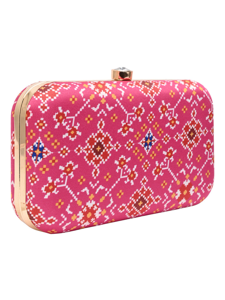 Rocia By Regal Pink Women Silk Patola Print Metal Clutch