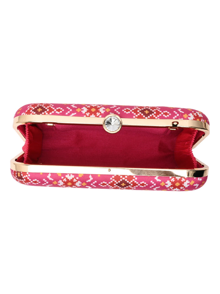 Rocia By Regal Pink Women Silk Patola Print Metal Clutch