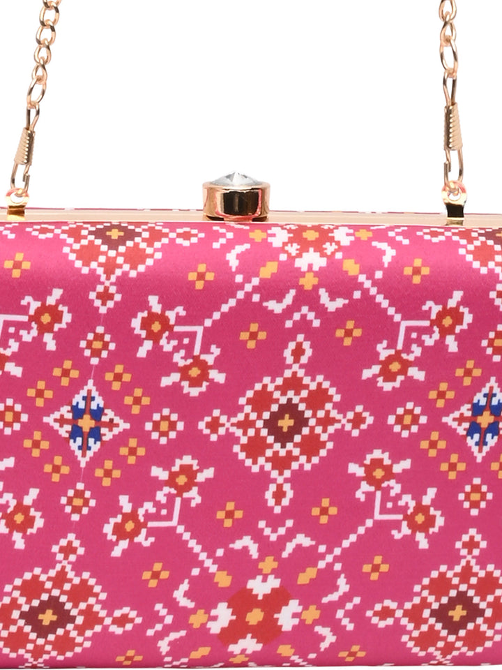 Rocia By Regal Pink Women Silk Patola Print Metal Clutch