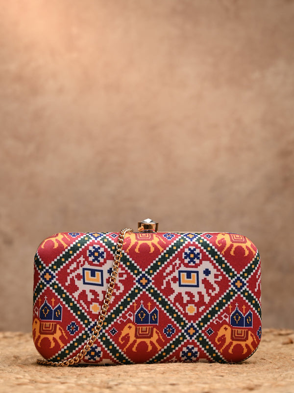 Rocia By Regal Red Women Silk Patola Print Metal Clutch