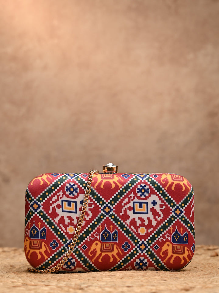 Rocia By Regal Red Women Silk Patola Print Metal Clutch