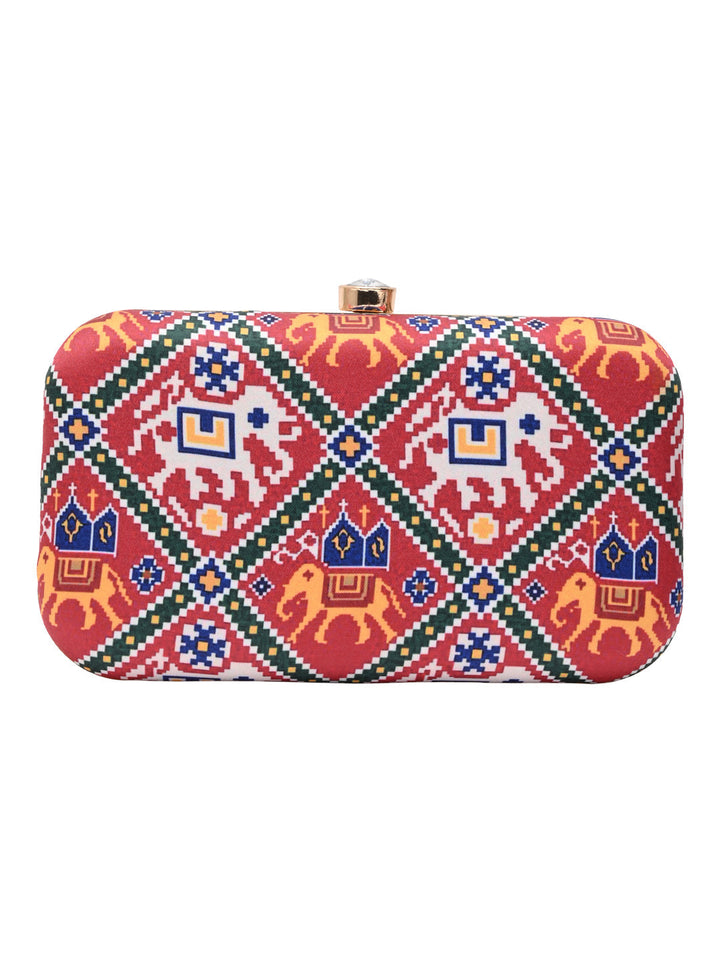 Rocia By Regal Red Women Silk Patola Print Metal Clutch