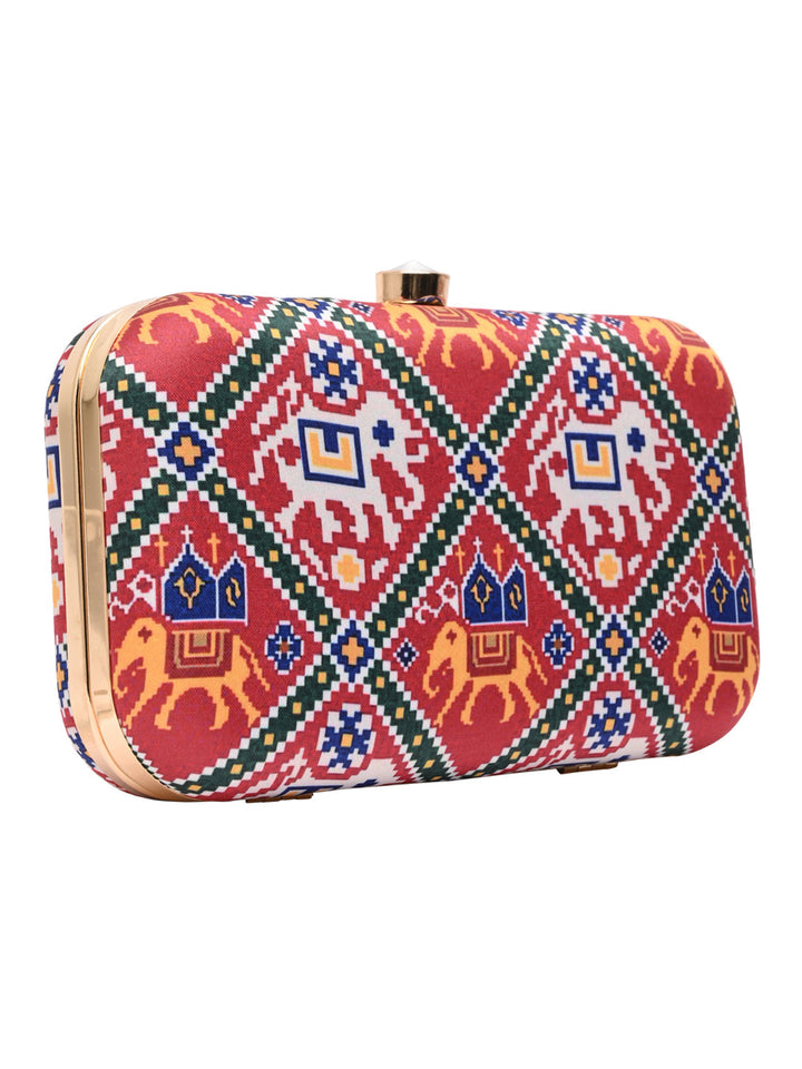 Rocia By Regal Red Women Silk Patola Print Metal Clutch