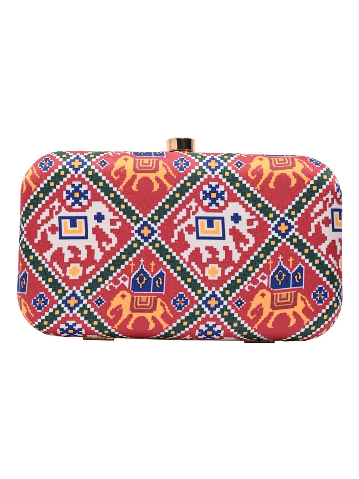 Rocia By Regal Red Women Silk Patola Print Metal Clutch