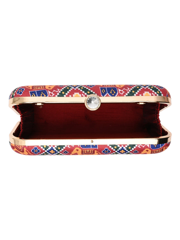 Rocia By Regal Red Women Silk Patola Print Metal Clutch