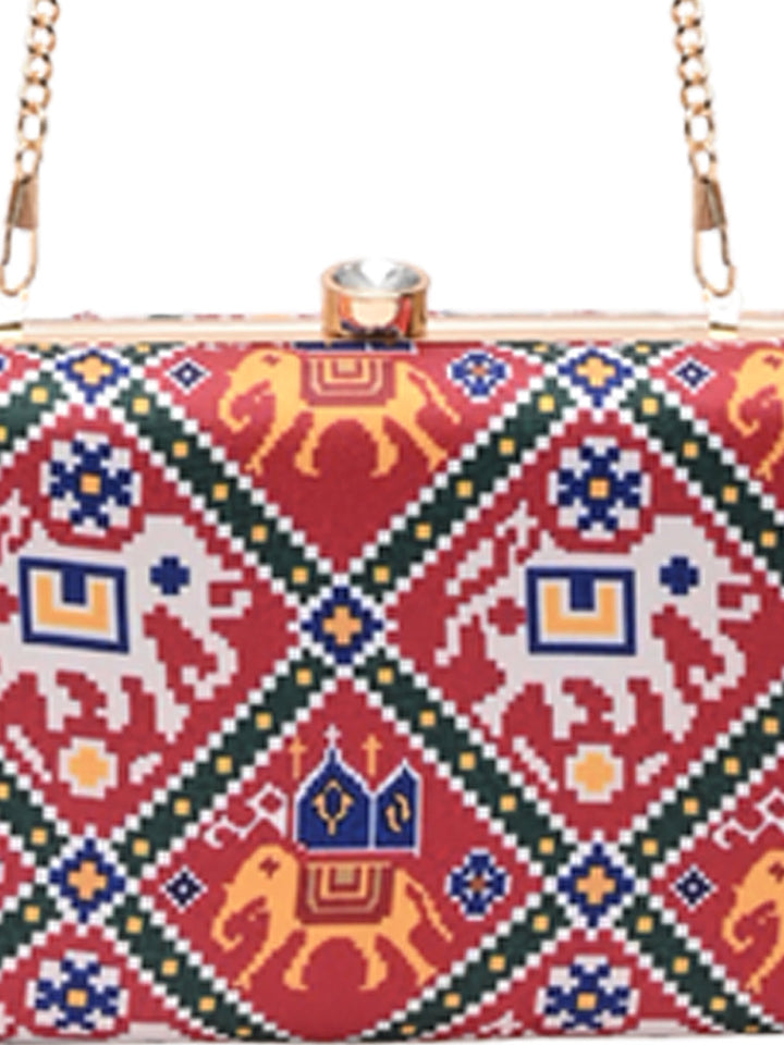 Rocia By Regal Red Women Silk Patola Print Metal Clutch