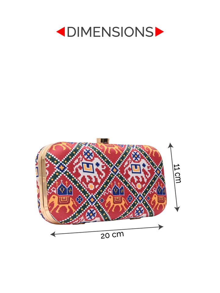 Rocia By Regal Red Women Silk Patola Print Metal Clutch