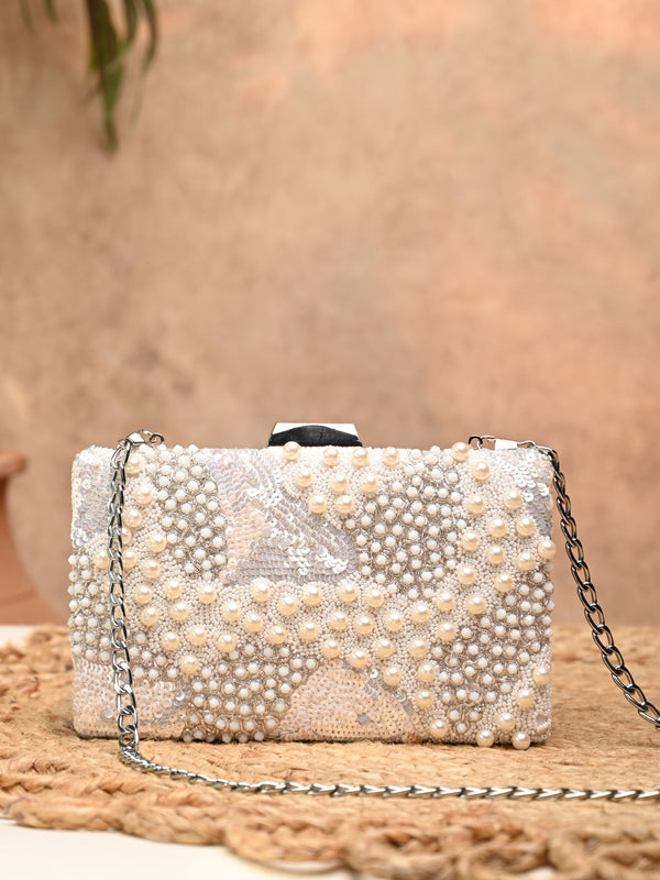 Rocia By Regal Ivory Women Heavy Hand Embroidered Metal Clutch