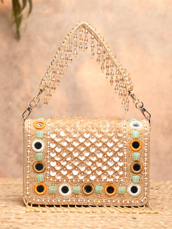 Rocia By Regal Golden Women Heavy Hand Embroidered Bag