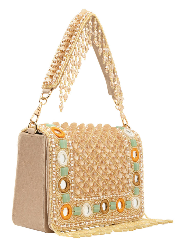 Rocia By Regal Golden Women Heavy Hand Embroidered Bag