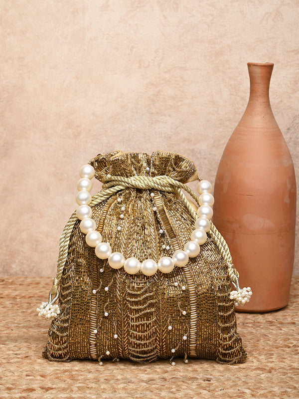 Rocia By Regal Golden Women Hand Embroidered Potli