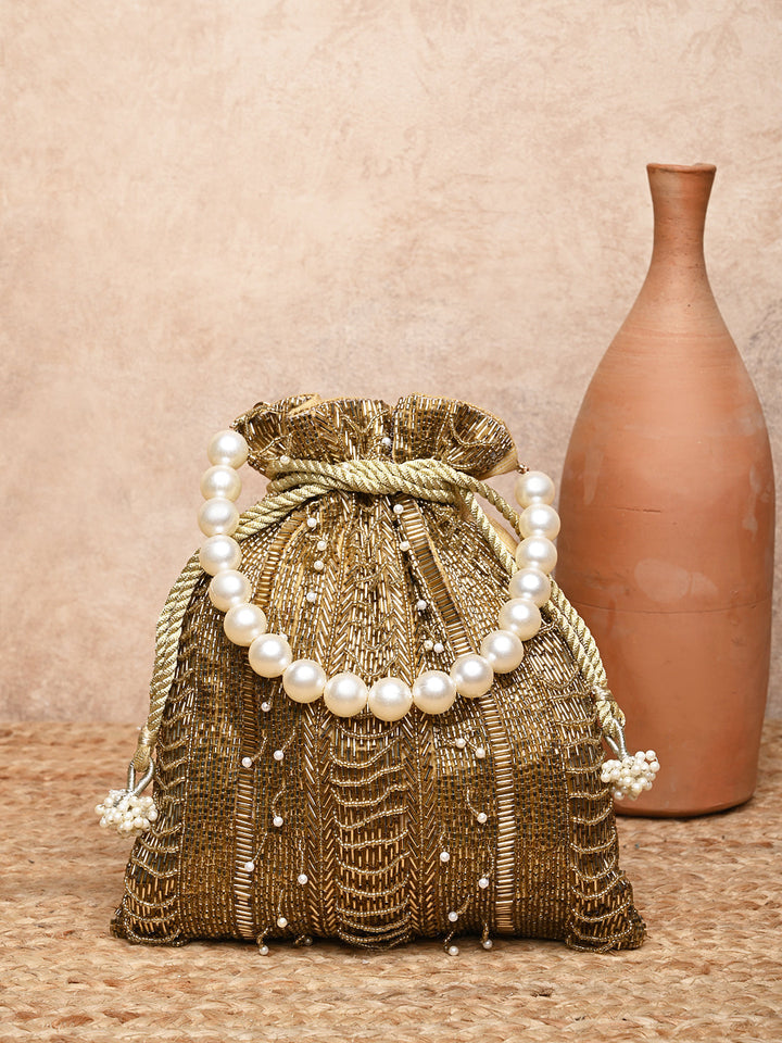 Rocia By Regal Golden Women Hand Embroidered Potli