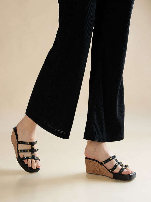 Rocia By Regal Black Women T Strap Studded Platform