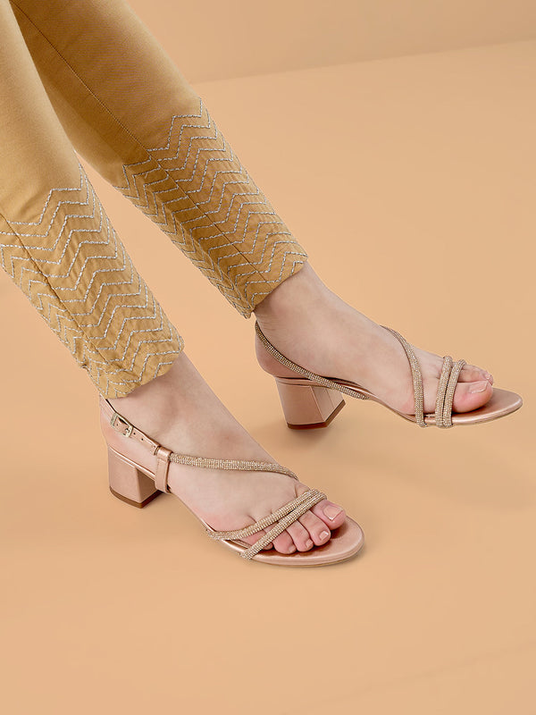 Rocia By Regal Rose Gold Women Diamond Embellished Block Heel Sandals