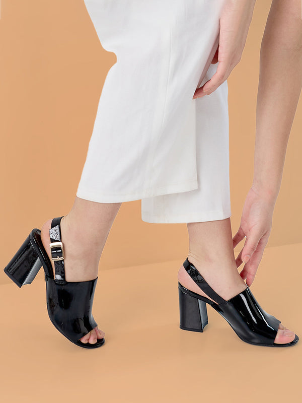 Rocia By Regal Black Women Patent High Block Heel Stylish Sandals