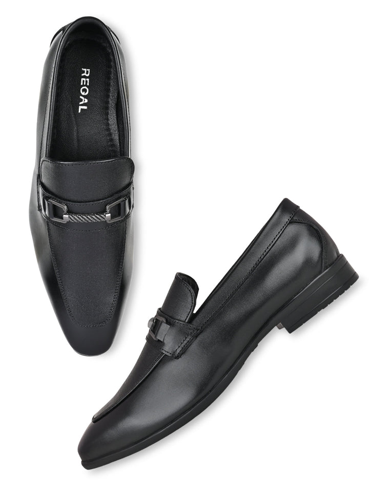 Regal Black Men Leather Buckled Slip-Ons